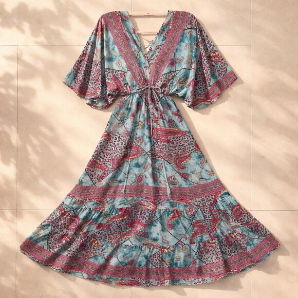 white waves Dresses & Skirts - White Waves Maxi Dress Womens L Blue Pink Paisley Boho V-Neck Tie Back
